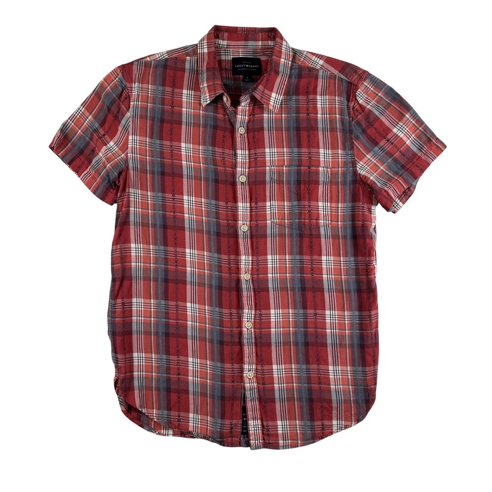 Lucky Brand Shirt Mens Small Red Plaid Short Sleeve Button Front Casual Top